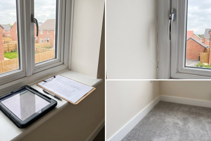 Inspector’s tablet and clipboard on a new-build windowsill