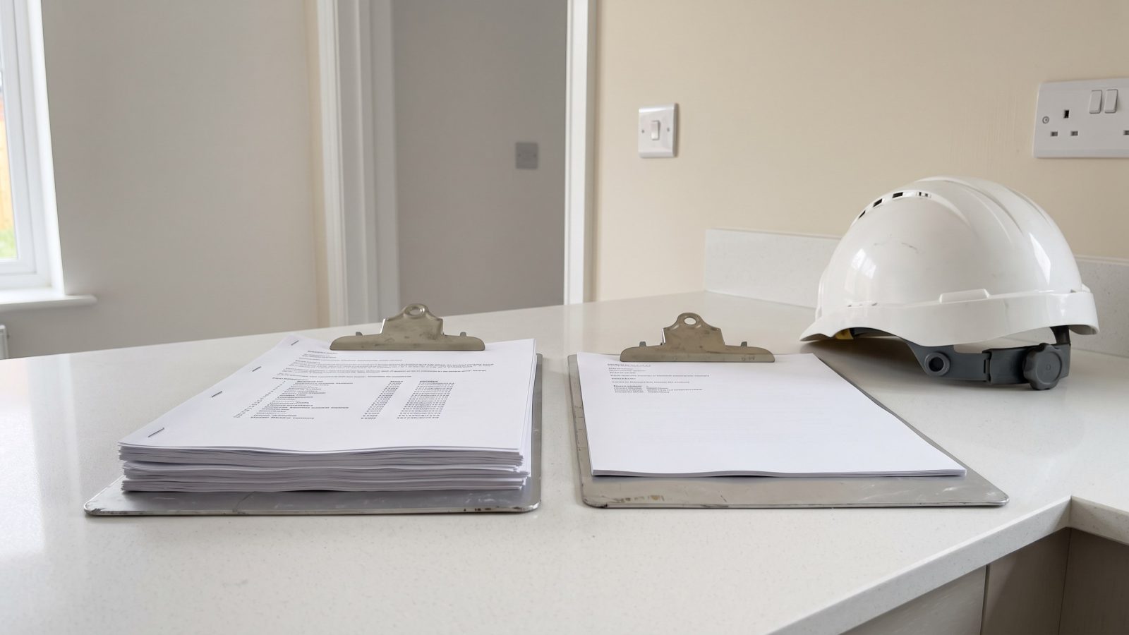 Two reports and a hard hat on a kitchen worktop