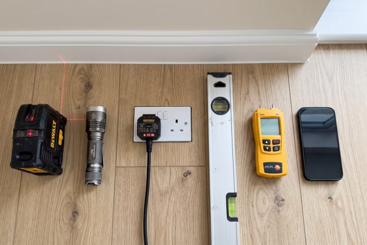 Snagging tools laid out on a new laminate floor