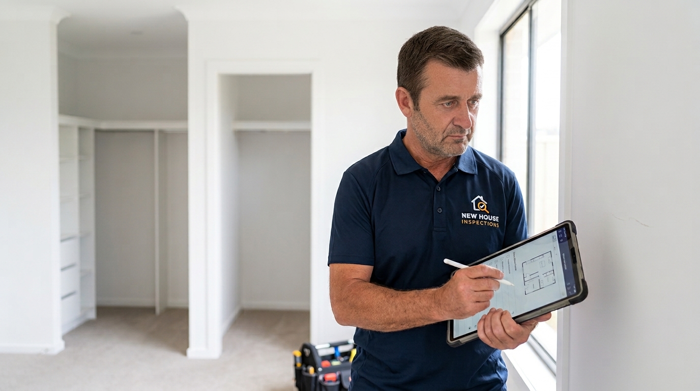 An inspector in a New House Inspections polo shirt notes defects on a tablet in an empty new-build bedroom